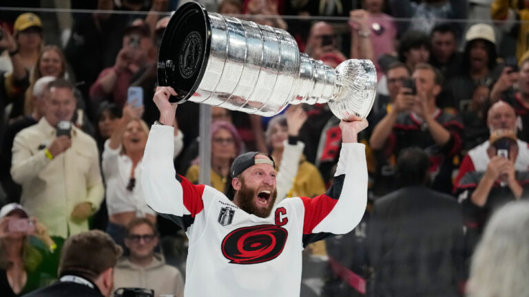 Carolina Hurricanes centre Jordan Staal (11) celebrates after a win over the Vegas Golden Knights in Game 6 of the NHL hockey Stanley Cup Final series, Sunday, June 14, 2026, in Las Vegas. (John Locher/AP)