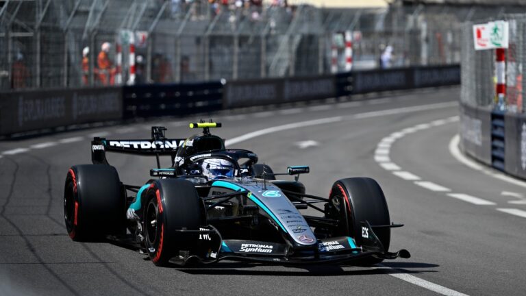 Mercedes driver Andrea Kimi Antonelli of Italy during the qualifying session for the Monaco F1 Grand Prix, at the Monaco racetrack, Saturday, June 6, 2026. (AP Photo/Philippe Magoni)