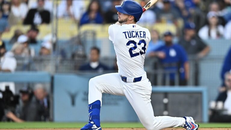 Los Angeles Dodgers' Kyle Tucker hits a three-run home run during the second inning of a baseball game against the Tampa Bay Rays, Monday, June 15, 2026, in Los Angeles. (AP Photo/William Liang)