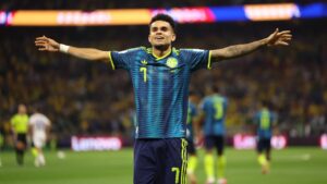 Colombia's Luis Diaz (7) celebrates after scoring their second goal during the World Cup Group K soccer match between Uzbekistan and Colombia in Mexico City, Wednesday, June 17, 2026. (Ashtin Barker/AP)