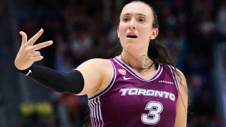Toronto Tempo's Marina Mabrey (3) celebrates after scoring against the Los Angeles Sparks during first half WNBA basketball action in Toronto, on Thursday, June 25, 2026. (Sammy Kogan/CP)