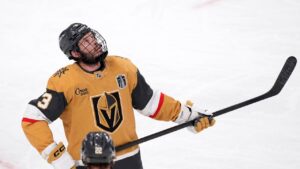 Vegas Golden Knights defenseman Brayden McNabb is seen with a cage on his helmet during the first period in Game 3 of the NHL hockey Stanley Cup Final series against the Carolina Hurricanes, Saturday, June 6, 2026, in Las Vegas. (Candice Ward/AP)