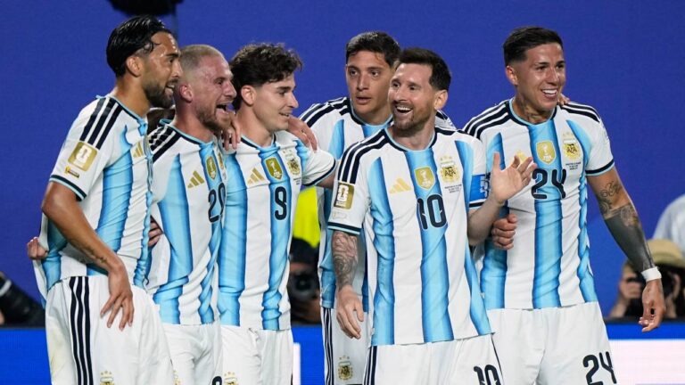 Argentina's Lionel Messi, second right, celebrates with teammates after scoring his team's second goal during the World Cup Group J soccer match between Argentina and Algeria in Kansas City, Mo., Tuesday, June 16, 2026. (Charlie Riedel/AP)