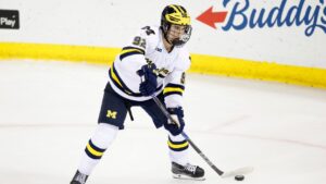 Michigan's Adam Valentini plays during an NCAA hockey game on Saturday, Oct. 4, 2025, in Ann Arbor, Mich. (Al Goldis/AP)