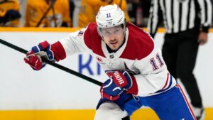 Montreal Canadiens right wing Brendan Gallagher (11) plays against the Nashville Predators during an NHL hockey game Sunday, April 6, 2025, in Nashville, Tenn. (Mark Humphrey/AP)