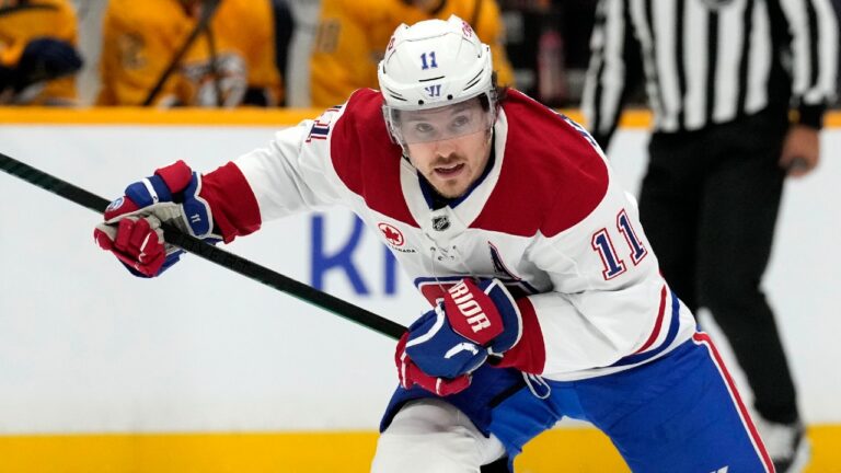 Montreal Canadiens right wing Brendan Gallagher (11) plays against the Nashville Predators during an NHL hockey game Sunday, April 6, 2025, in Nashville, Tenn. (Mark Humphrey/AP)