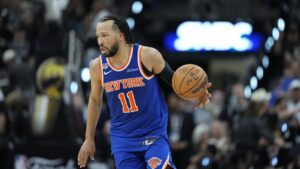New York Knicks guard Jalen Brunson moves the all against the San Antonio Spurs during the second half of Game 5 of the NBA Finals basketball series, Saturday, June 13, 2026, in San Antonio. (Ross D. Franklin/AP)