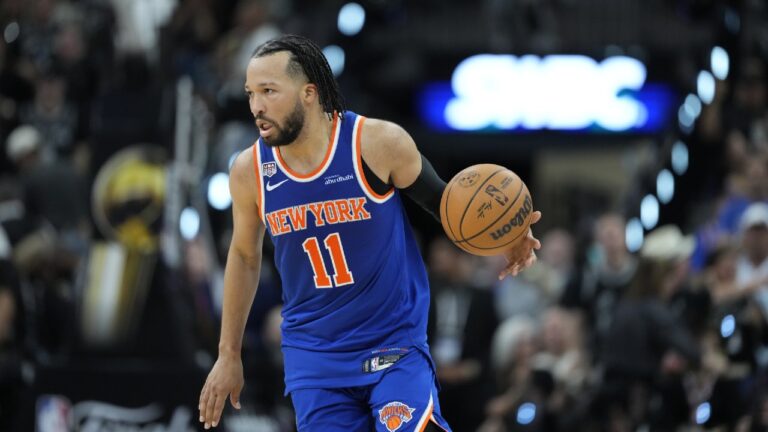 New York Knicks guard Jalen Brunson moves the all against the San Antonio Spurs during the second half of Game 5 of the NBA Finals basketball series, Saturday, June 13, 2026, in San Antonio. (Ross D. Franklin/AP)