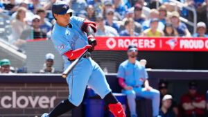 Toronto Blue Jays third baseman Kazuma Okamoto (7) hits an RBI single during second inning MLB baseball action against the Baltimore Orioles, in Toronto, Saturday, June 6, 2026. (Frank Gunn/CP)