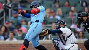 Toronto Blue Jays third baseman Kazuma Okamoto, of Japan, hits a two-run homer against the Atlanta Braves in the second inning of a baseball game, Tuesday, June 2, 2026, in Atlanta. (Mike Stewart/AP)