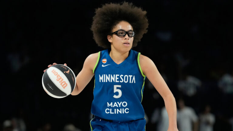 Minnesota Lynx guard Olivia Miles (5) plays against the Las Vegas Aces in a WNBA basketball game Saturday, June 13, 2026, in Las Vegas. (John Locher/AP)