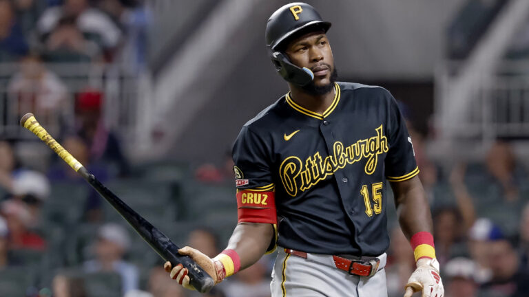 Pittsburgh Pirates' Oneil Cruz reacts after striking out with men on base during the ninth inning of a baseball game against the Atlanta Braves, Friday, June 5, 2026, in Atlanta. (Erik S. Lesser/AP)