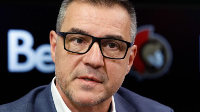 Ottawa Senators general manager Steve Staios speaks to media during a year end press conference in Ottawa on Monday, April 27, 2026. (Patrick Doyle/CP)