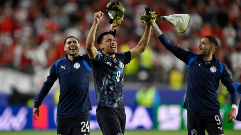 Paraguay's Diego Gomez (8) celebrates with Gustavo Caballero (24) and Antonio Sanabria (9) after the World Cup Group D soccer match between Turkey and Paraguay in Santa Clara, Calif., near San Francisco, Friday, June 19, 2026. (AP Photo/Eakin Howard)