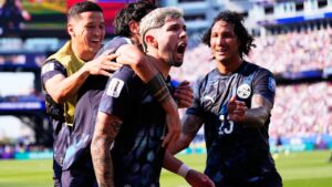 Paraguay's Julio Enciso (19) celebrates after scoring his side's opening goal during the World Cup round of 32 soccer match between Germany and Paraguay in Foxborough, Mass., near Boston, Monday, June 29, 2026. (AP Photo/Petr David Josek)
