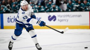 Tampa Bay Lightning defenseman Darren Raddysh (43) shoots the puck against the San Jose Sharks during the second period of an NHL hockey game Saturday, Jan. 3, 2026, in San Jose, Calif. (Thien-An Truong/AP)