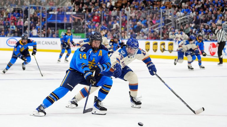 Toronto Sceptres defender Renata Fast (14) battles Vancouver's Sophie Jaques (16) for the puck during the second period of a home game in Jan. 2026. (Photo by Frank Gunn/CP)