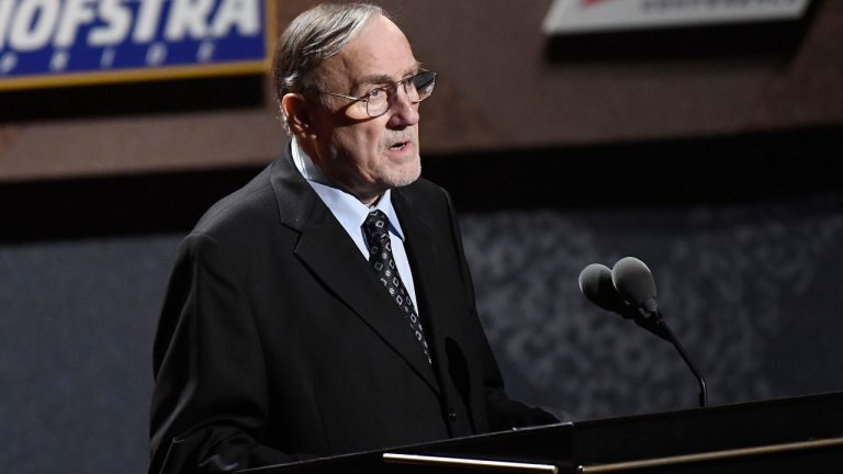 Inductee Rick Adelman speaks during the 2021 Basketball Hall of Fame Enshrinement ceremony, Sept. 11, 2021, in Springfield, Mass. (AP Photo/Jessica Hill, File)