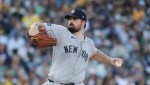 New York Yankees pitcher Carlos Rodón throws to an Athletics batter during the second inning of a baseball game Friday, May 29, 2026, in West Sacramento, Calif. (Scott Marshall/AP)
