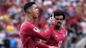 Portugal's Cristiano Ronaldo celebrates after scoring the opening goal during the World Cup Group K soccer match between Portugal and Uzbekistan in Houston, Tuesday, June 23, 2026. (Ashley Landis/AP)