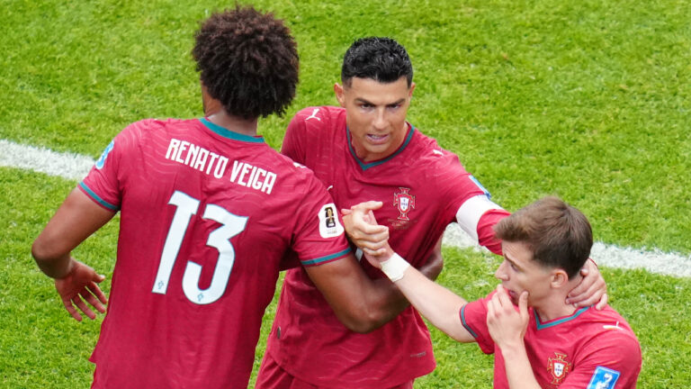 Portugal's Renato Veiga (13), Portugal's Cristiano Ronaldo (7) and Portugal's Francisco Conceicao (26) celebrate their win after the World Cup Group K soccer match between Portugal and Uzbekistan in Houston, Tuesday, June 23, 2026. (Karen Warren/AP)