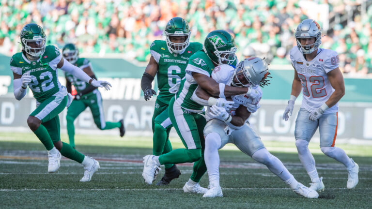 BC Lions running back James Butler (20) is tackled during first half CFL football action against the Saskatchewan Roughriders, in Regina on Saturday, June 13, 2026. (Kayle Neis/CP)