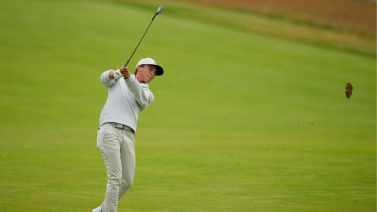 Miles Russell hits from the fairway on the third hole during the first round of the U.S. Open golf tournament at Shinnecock Hills Golf Club in Southampton, N.Y., Thursday, June 18, 2026. (Seth Wenig/AP)
