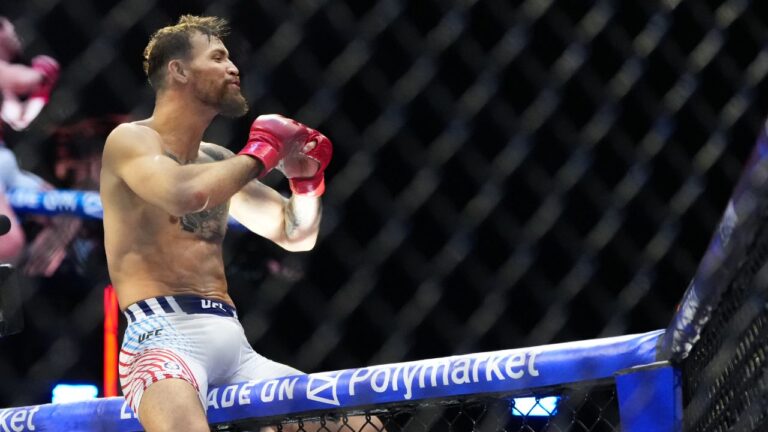 Mauricio Ruffy celebrates after winning his fight against Michael Chandler at UFC Freedom 250 on the South Lawn of the White House, Sunday, June 14, 2026, in Washington. (Alex Brandon/AP)