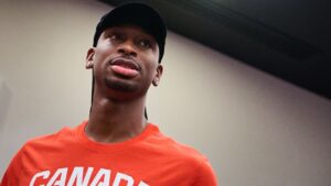Shai Gilgeous-Alexander leaves after speaking to media at the training camp roster announcement for the FIBA Men’s World Cup Americas Qualifiers, in Toronto, on Monday, June 29, 2026. (Sammy Kogan/CP)
