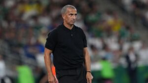 Tunisia head coach Sabri Lamouchi watches during the World Cup Group F soccer match between Sweden and Tunisia in Guadalupe, near Monterrey, Mexico, Sunday, June 14, 2026. (Moises Castillo/AP)