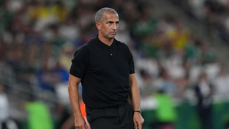 Tunisia head coach Sabri Lamouchi watches during the World Cup Group F soccer match between Sweden and Tunisia in Guadalupe, near Monterrey, Mexico, Sunday, June 14, 2026. (Moises Castillo/AP)