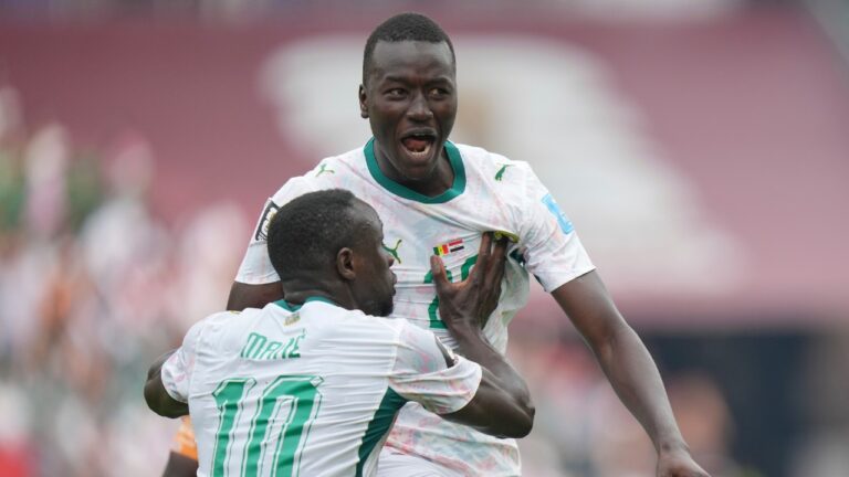 Senegal's Pape Gueye, right, and Sadio Mane (10) celebrate their third goal during the World Cup Group I soccer match between Senegal and Iraq in Toronto, Friday, June 26, 2026. (Stephanie Scarbrough/AP)
