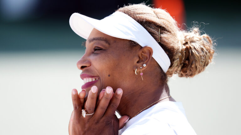 Serena Williams of the U.S. reacts during a practice session, ahead of the Wimbledon Tennis Championships, at the All England Lawn Tennis and Croquet Club, in London, Saturday June 27, 2026. (John Walton/PA via AP)