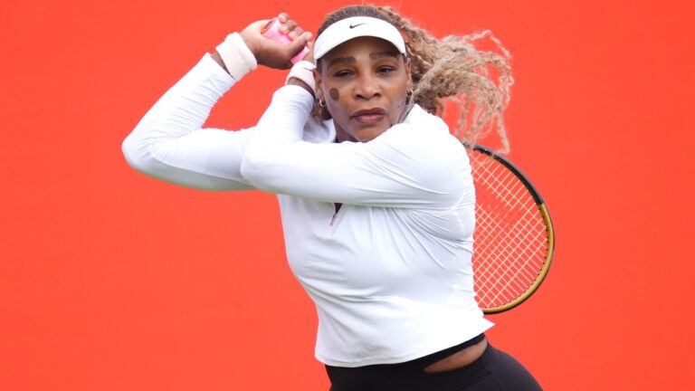 Serena Williams of the US practices at The Queen's Club, in London, Sunday June 7, 2026. (Adam Davy/PA via AP)