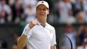 Jannik Sinner of Italy celebrates winning the men's singles match against Miomir Kecmanovic of Serbia during at the Wimbledon Tennis Championships in London, Monday, June 29, 2026.(AP Photo/Kin Cheung)