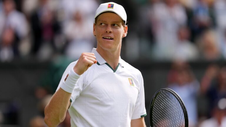 Jannik Sinner of Italy celebrates winning the men's singles match against Miomir Kecmanovic of Serbia during at the Wimbledon Tennis Championships in London, Monday, June 29, 2026.(AP Photo/Kin Cheung)