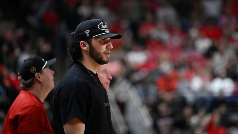 Texas Tech quarterback Brendan Sorsby watches from the stands during the second half of an NCAA college basketball game between Texas Tech and Cincinnati Tuesday, Feb. 24, 2026, in Lubbock, Texas. (Justin Rex/AP)