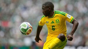 South Africa's Aubrey Modiba controls the ball during the World Cup Group A soccer match between Mexico and South Africa in Mexico City, Thursday, June 11, 2026. (Natacha Pisarenko/AP)