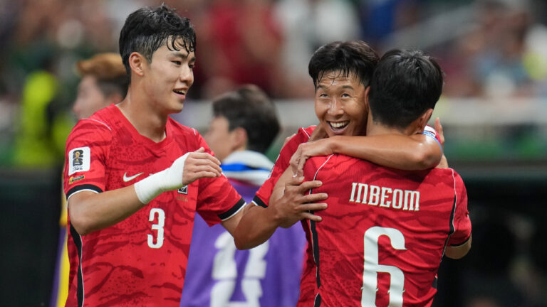 South Korea's Son Heung-min embraces teammate Hwang In-beom, right, after he scored their first goal as Lee Gi-hyeok, left, reacts during the World Cup Group A soccer match between South Korea and Czechia in Zapopan, near Guadalajara, Mexico, Thursday, June 11, 2026. (Matias Delacroix/AP)