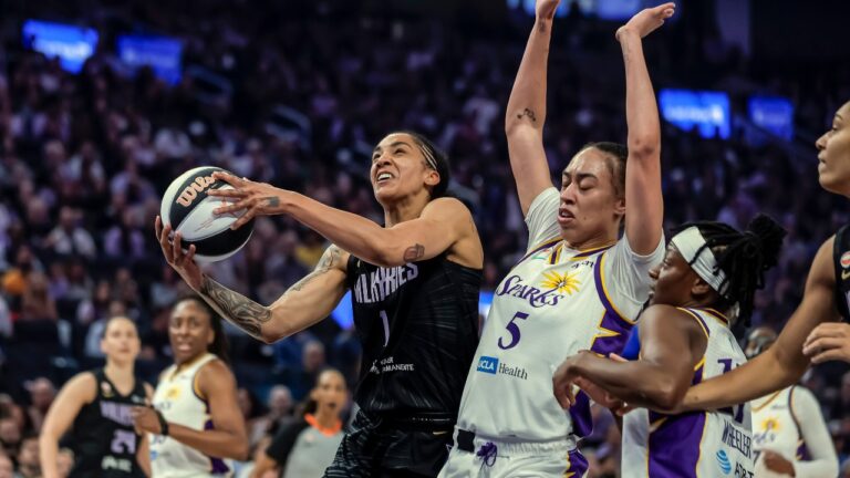 Golden State Valkyries' Gabby Williams (1) drives to the basket in the first half of a WNBA basketball game against the Los Angeles Sparks, Monday, June 15, 2026, in San Francisco. (Carlos Avila Gonzalez/San Francisco Chronicle via AP)