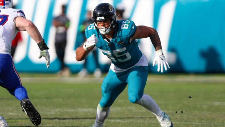Jacksonville Jaguars tight end Brenton Strange runs a route against the Buffalo Bills in an NFL wild card playoff game, Sunday, Jan. 11, 2026, in Jacksonville, Fla. The Bills defeated the Jaguars 27-24. (AP/Gary McCullough)