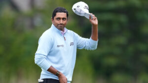 The low Canadian Sudarshan Yellamaraju, of Mississauga, Ont., reacts while walking off the 18th green in the final round of the RBC Canadian Open in Caledon, Ont., on Sunday June 14, 2026. (Frank Gunn/CP)