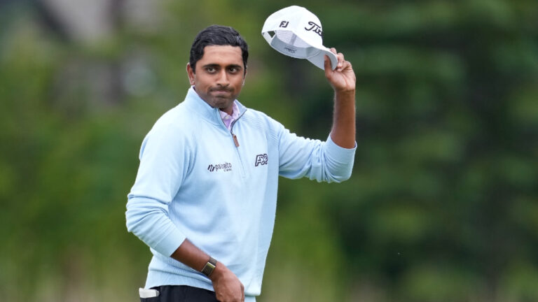 The low Canadian Sudarshan Yellamaraju, of Mississauga, Ont., reacts while walking off the 18th green in the final round of the RBC Canadian Open in Caledon, Ont., on Sunday June 14, 2026. (Frank Gunn/CP)
