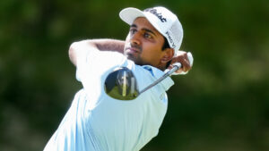 Canadian Sudarshan Yellamaraju hits his tee shot on the 18th hole during third round at the Canadian Open in Caledon, Ont., on on Saturday, June 13, 2026. (Nathan Denette/CP)