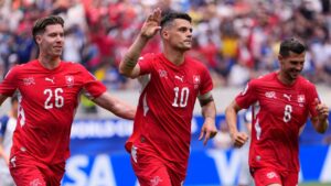 Switzerland's Granit Xhaka (10) celebrates with teammates after scoring their fourth goal against Bosnia during the World Cup Group B soccer match in Inglewood, Calif., near Los Angeles, Thursday, June 18, 2026. (Mark J. Terrill/AP)