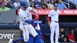 Toronto Blue Jays' Luis Urias (48) hits a two-run home run against the Houston Astros during fourth inning MLB baseball action in Toronto on Tuesday June 23, 2026. (Jon Blacker/CP)