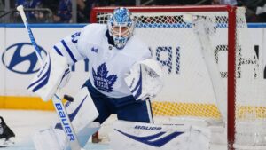 Toronto Maple Leafs goaltender Joseph Woll protects the net during the third period of an NHL hockey game against the New York Rangers Thursday, March 5, 2026, in New York. (Frank Franklin II/AP)