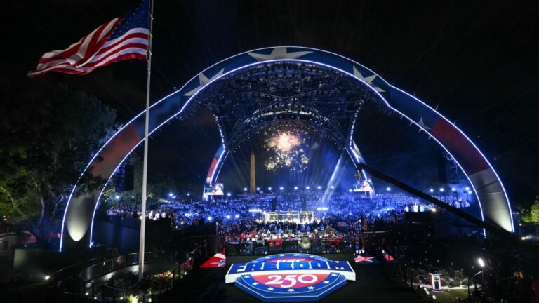 Fireworks go off ahead of the final bout between Ilia Topuria and Justin Gaethje during UFC Freedom 250 on the South Lawn of the White House, Monday, June 15, 2026, in Washington. (Saul Loeb/Pool Photo via AP)