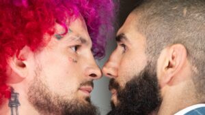 UFC bantamweight fighters Sean O'Malley, left, and Aiemann Zahabi face off during a UFC news conference at the Lincoln Memorial the day before a fight on the South Lawn of the White House in Washington, D.C. (Allison Robbert/AP)