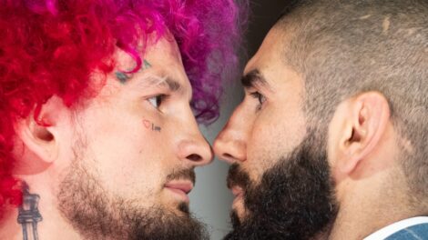 UFC-bantamweight-fighters-Sean-O'Malley,-left,-and-Aiemann-Zahabi-face-off-during-a-UFC-news-conference-at-the-Lincoln-Memorial-the-day-before-a-fight-on-the-South-Lawn-of-the-White-House-in-Washington,-D.C.-(Allison-Robbert/AP)